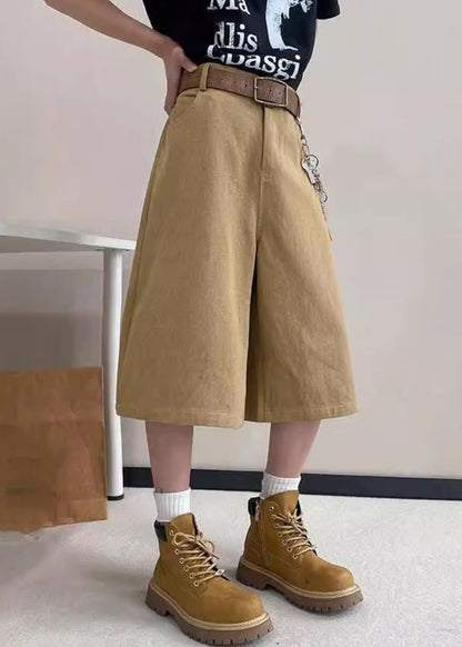 Art Khaki Letter Pockets High Waist Crop Pants Summer