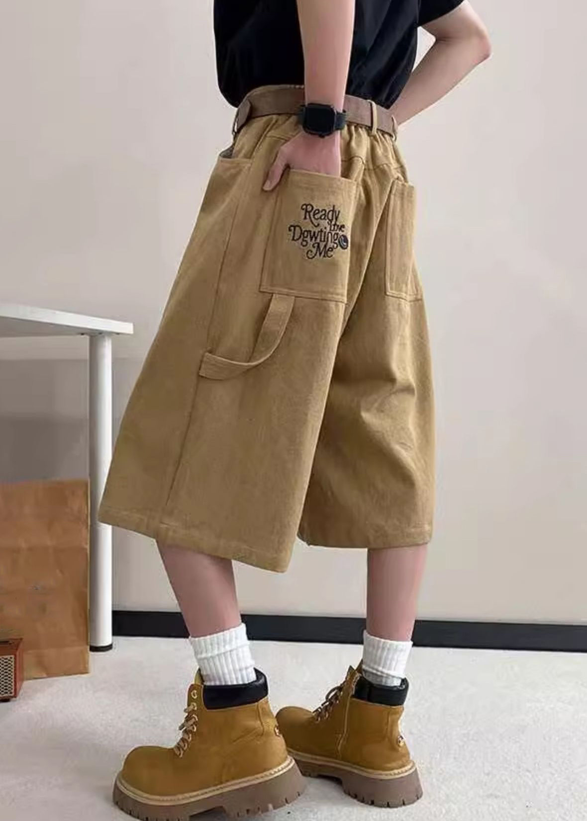 Art Khaki Letter Pockets High Waist Crop Pants Summer