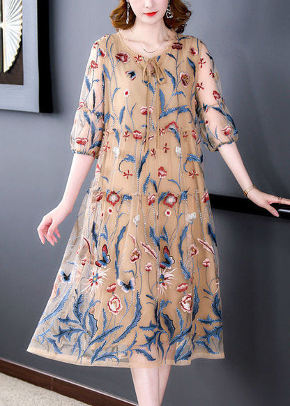Art Khaki O-neck Embroideried Tulle a Line Dress Summer