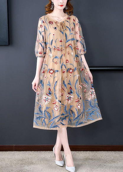 Art Khaki O-neck Embroideried Tulle a Line Dress Summer