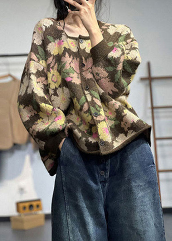 Art Khaki O-neck Oversized Print Knit Coats Winter