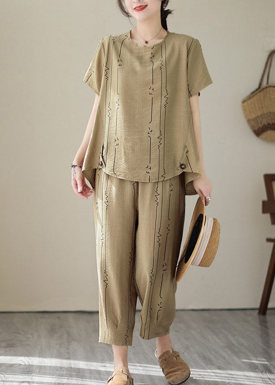 Art Khaki O-neck Print Top and Lantern Pants Two Pieces Set Summer
