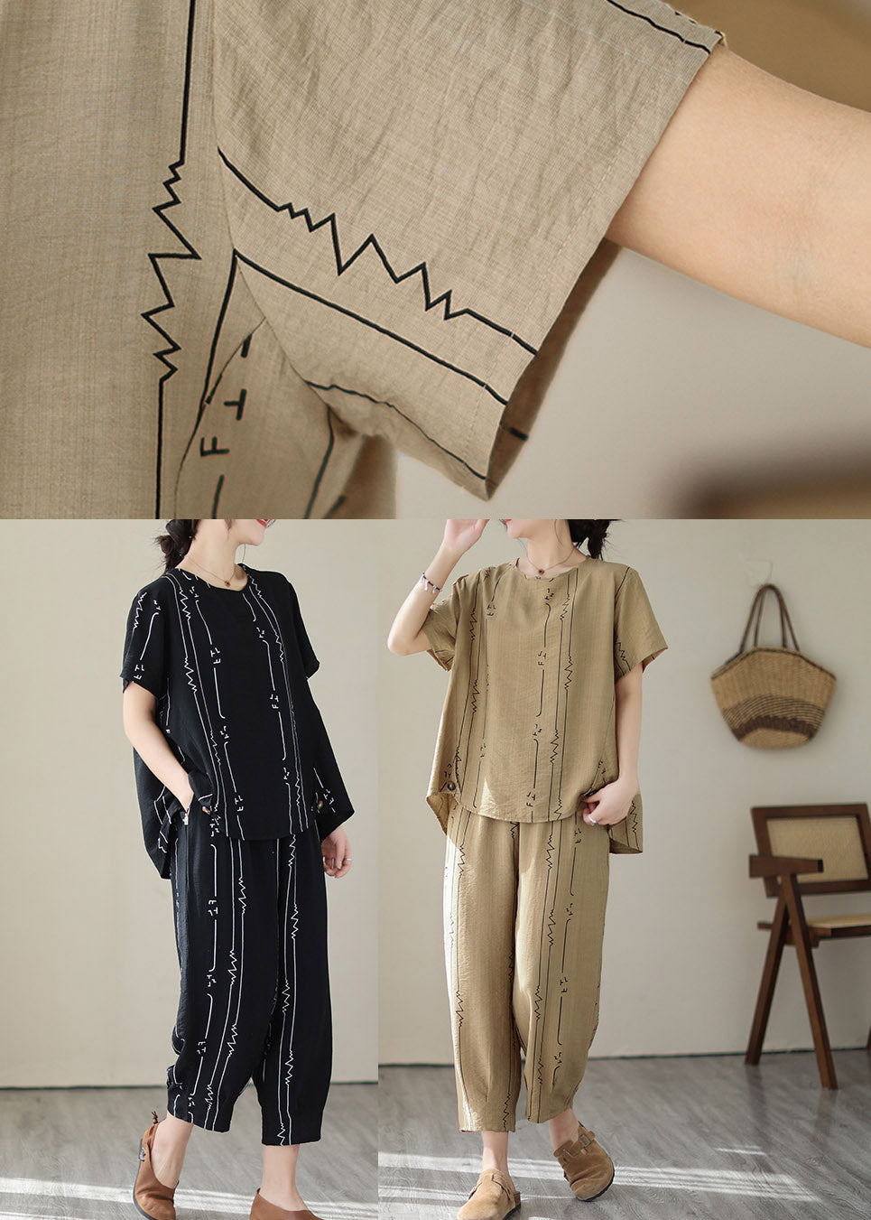 Art Khaki O-neck Print Top and Lantern Pants Two Pieces Set Summer