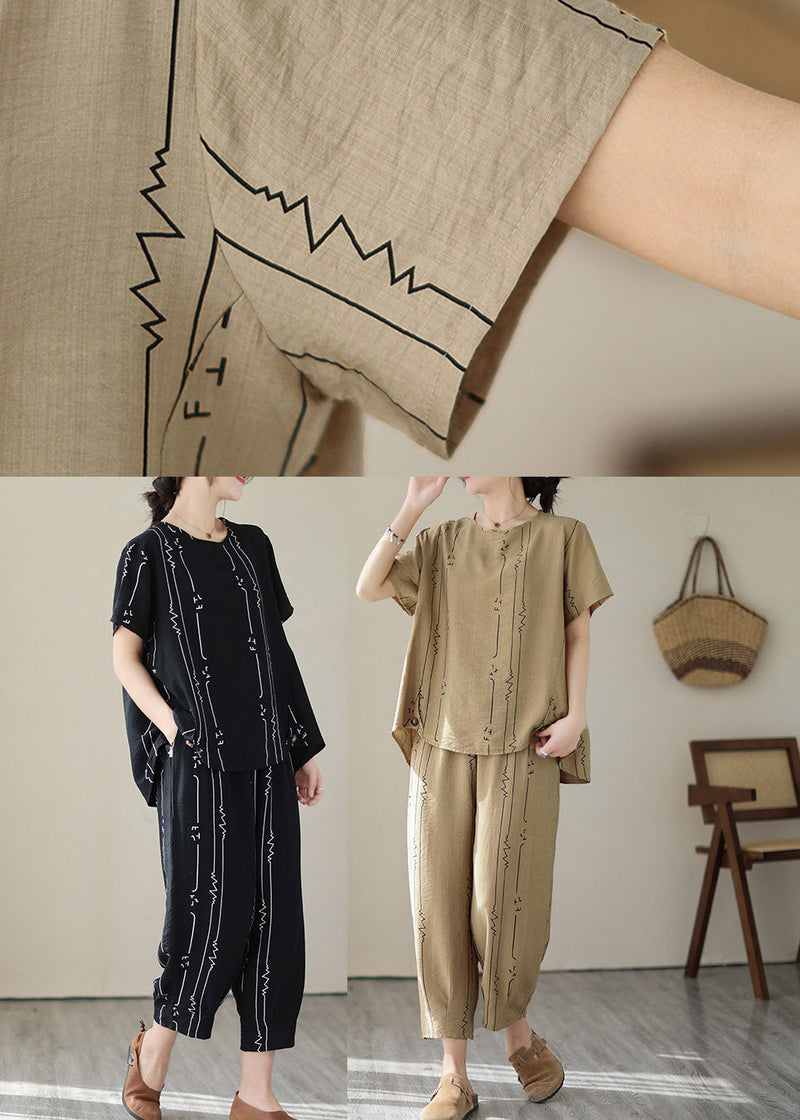 Art Khaki O-neck Print Top and Lantern Pants Two Pieces Set Summer