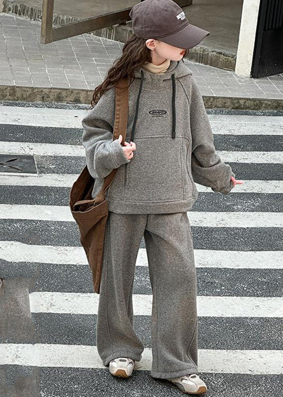 Art Khaki Patchwork Thick Hooded Kids Sweatshirt and Wide Leg Pants Two Piece Set Spring
