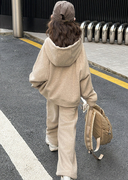 Art Khaki Patchwork Thick Hooded Kids Sweatshirt and Wide Leg Pants Two Piece Set Spring