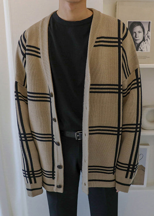 Art Khaki Plaid Button Knit Cardigans Spring