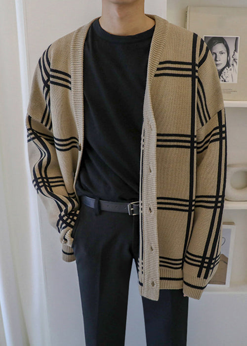 Art Khaki Plaid Button Knit Cardigans Spring