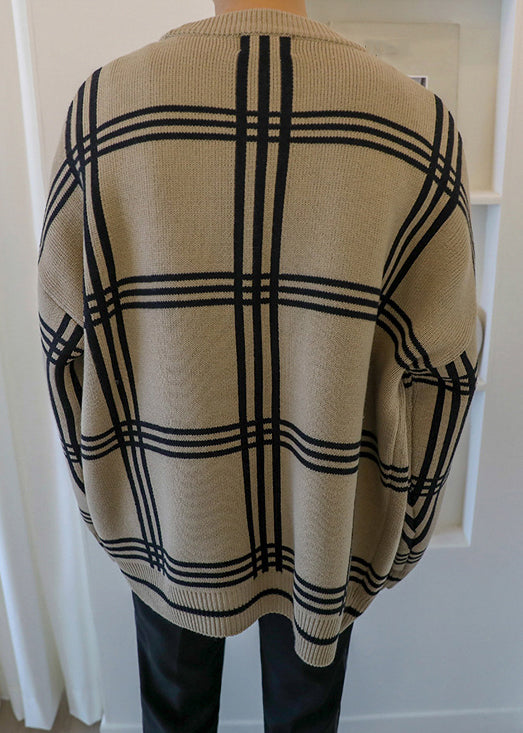 Art Khaki Plaid Button Knit Cardigans Spring