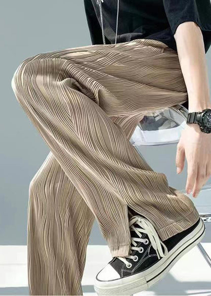 Art Khaki Pockets Wrinkled Side Open Ice Silk Pants Summer