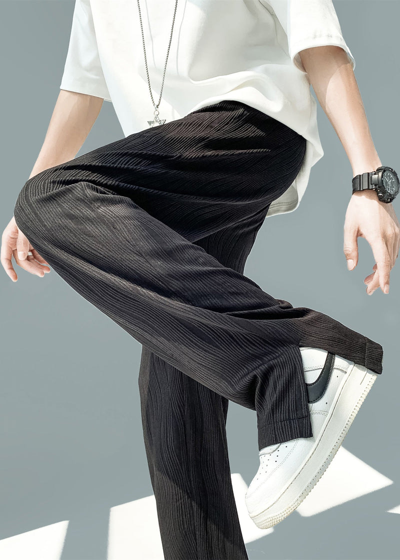 Art Khaki Pockets Wrinkled Side Open Ice Silk Pants Summer