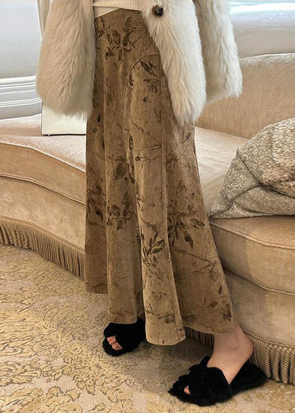 Art Khaki Print High Waist Silk Velvet Skirts Spring