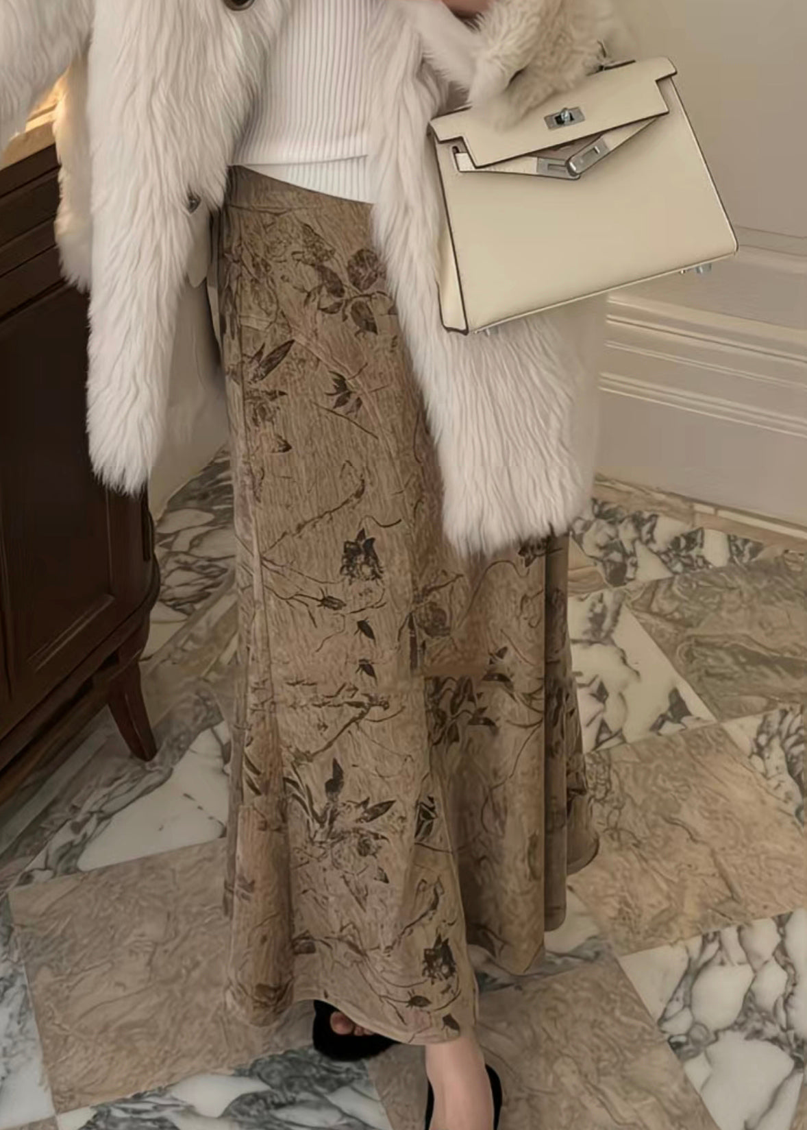 Art Khaki Print High Waist Silk Velvet Skirts Spring