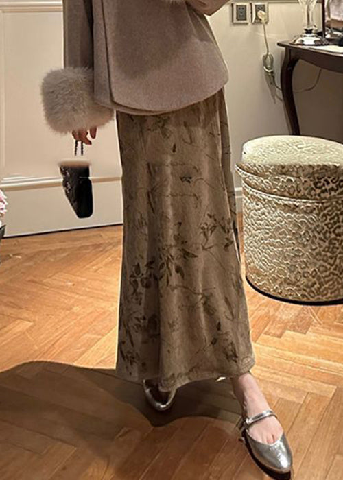 Art Khaki Print High Waist Silk Velvet Skirts Spring
