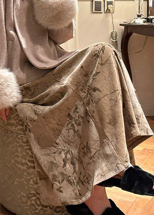 Art Khaki Print High Waist Silk Velvet Skirts Spring