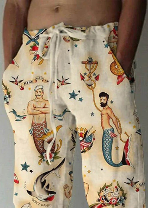 Art Khaki Print Pockets Elastic Waist Cotton Pants Summer