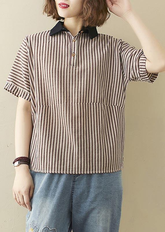 Art Khaki Striped Patchwork Linen Summer Top