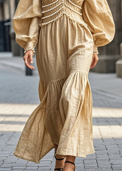 Art Khaki V Neck Nail Bead Cotton Party Dress Spring