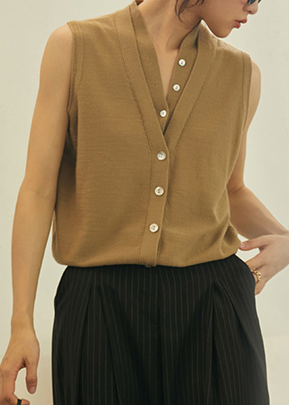 Art Khaki V Neck Thin Knit Woolen Top Summer