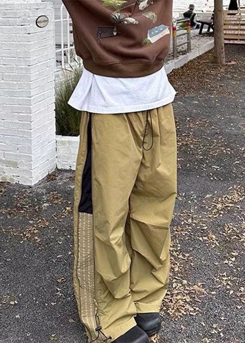Art Khaki Wrinkled Drawstring Patchwork Cotton Pants Summer