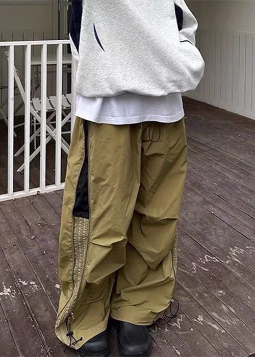 Art Khaki Wrinkled Drawstring Patchwork Cotton Pants Summer