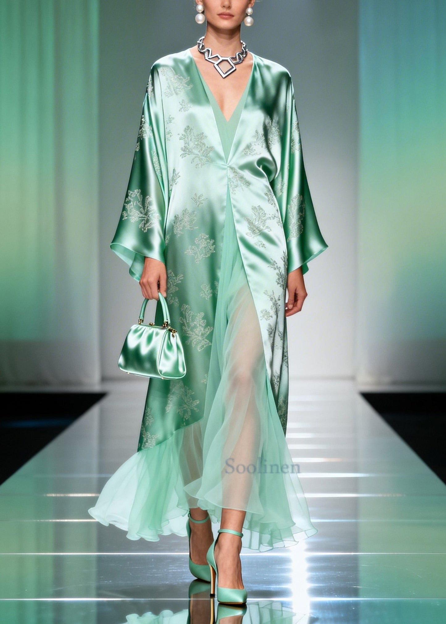 Art Lake Green Jacquard Patchwork Tulle Silk Long Dresses Spring