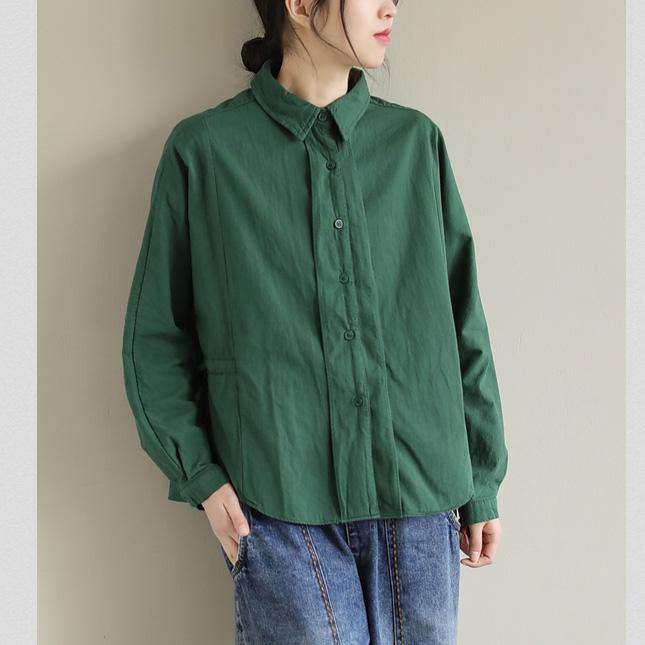 Art Lapel Button Down Spring Tops Women Pattern Green Top