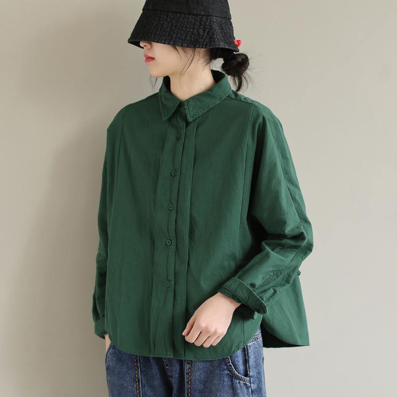 Art Lapel Button Down Spring Tops Women Pattern Green Top