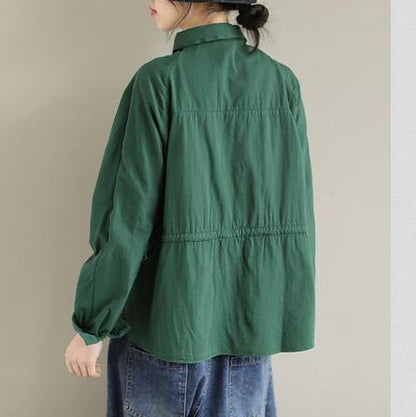 Art Lapel Button Down Spring Tops Women Pattern Green Top