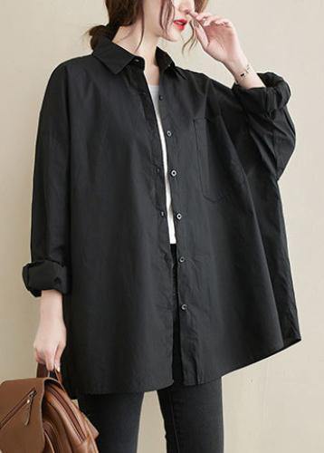Art Lapel Pockets Spring Tunic Top Shirts Black Top