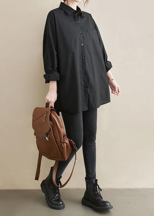 Art Lapel Pockets Spring Tunic Top Shirts Black Top