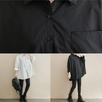 Art Lapel Pockets Spring Tunic Top Shirts Black Top