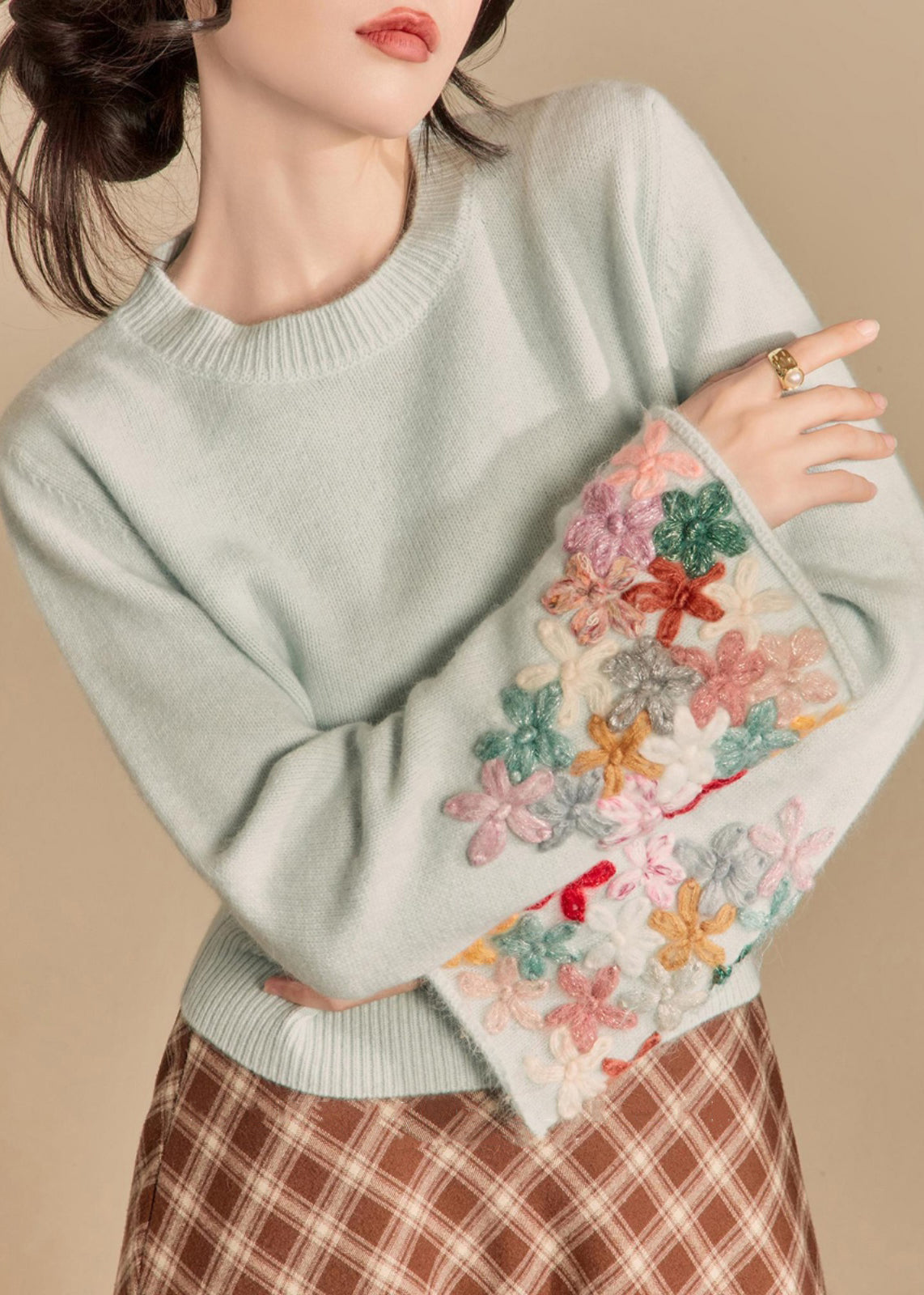 Art Light Blue O Neck Patchwork Knit Sweater Flare Sleeve