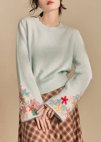 Art Light Blue O Neck Patchwork Knit Sweater Flare Sleeve