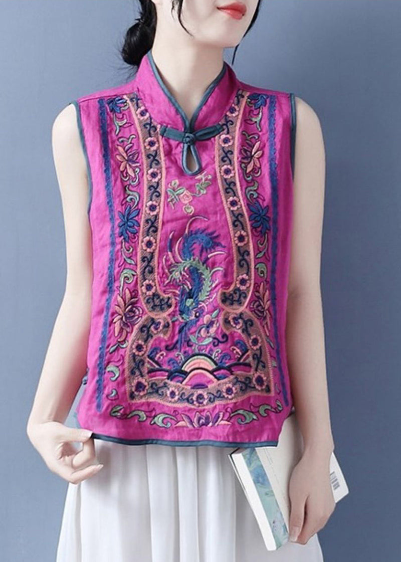 Art Light Blue Stand Collar Embroidered Waistcoat Summer