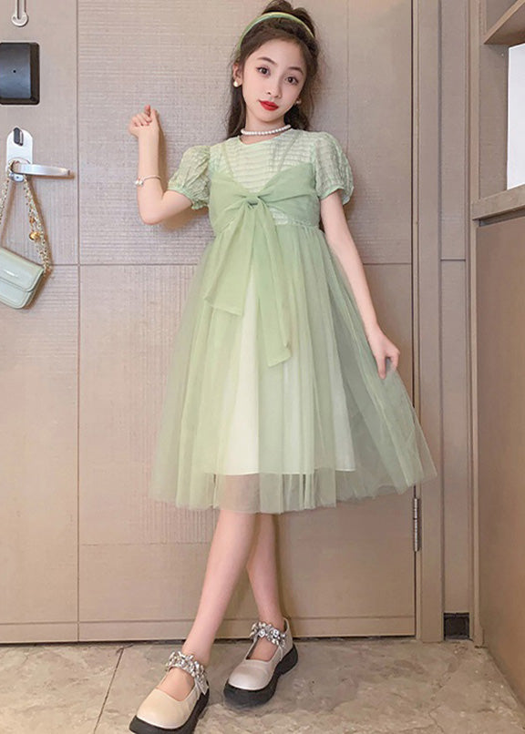 Art Light Green O-neck Bow Tulle Kids Long Dresses Summer