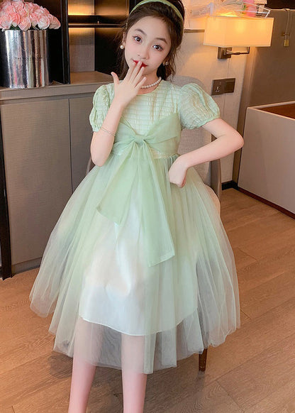 Art Light Green O-neck Bow Tulle Kids Long Dresses Summer