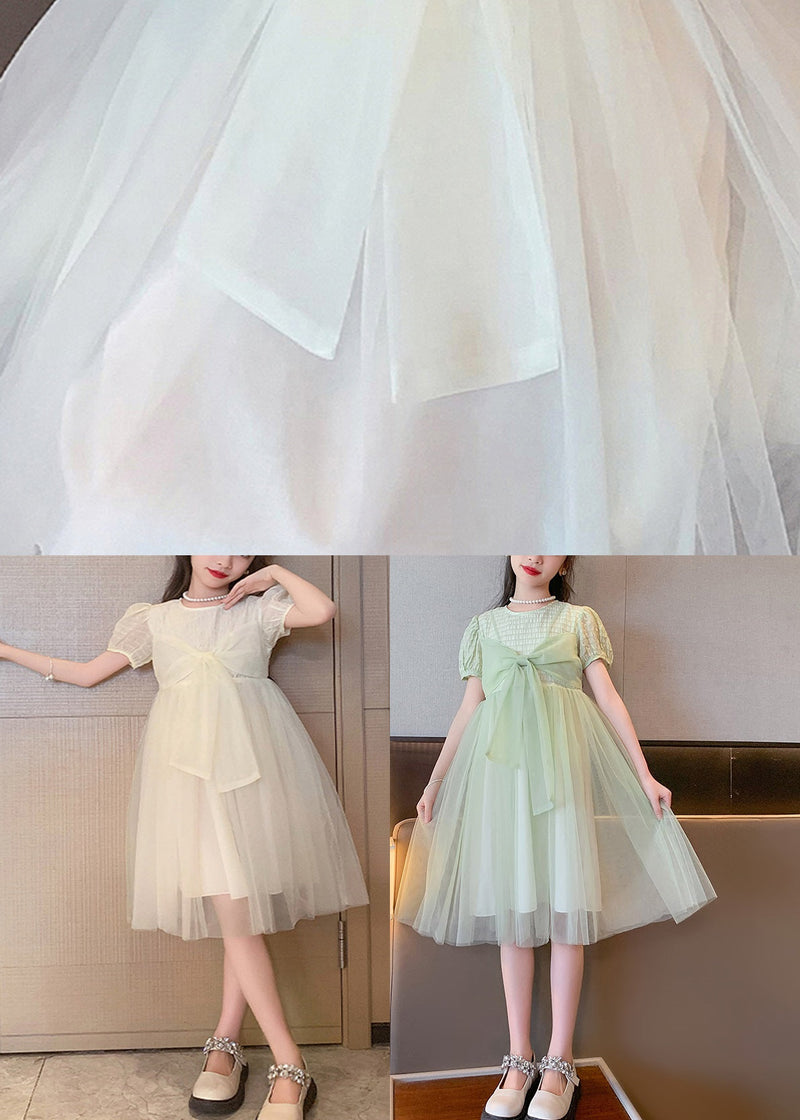 Art Light Green O-neck Bow Tulle Kids Long Dresses Summer