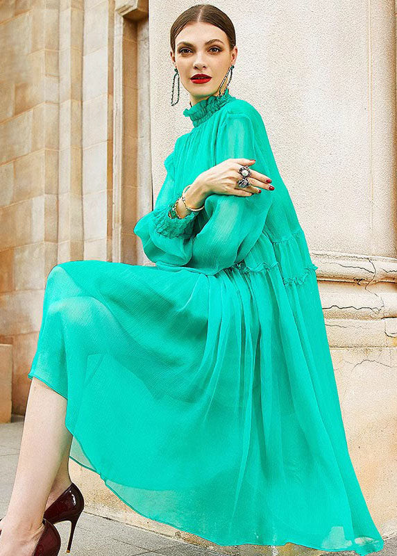 Art Light Green Turtleneck Patchwork Wrinkled Silk Mid Dress Fall