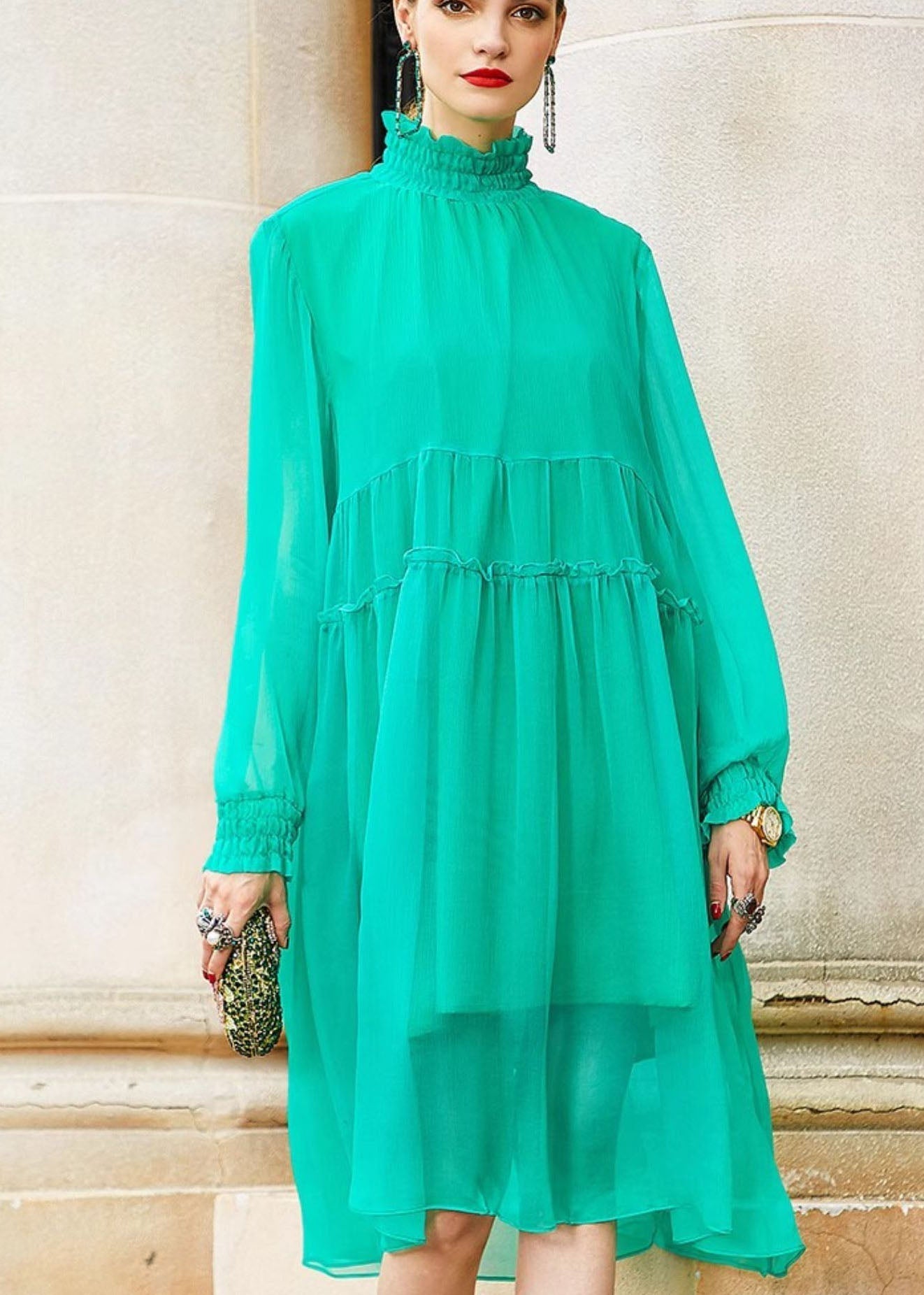 Art Light Green Turtleneck Patchwork Wrinkled Silk Mid Dress Fall