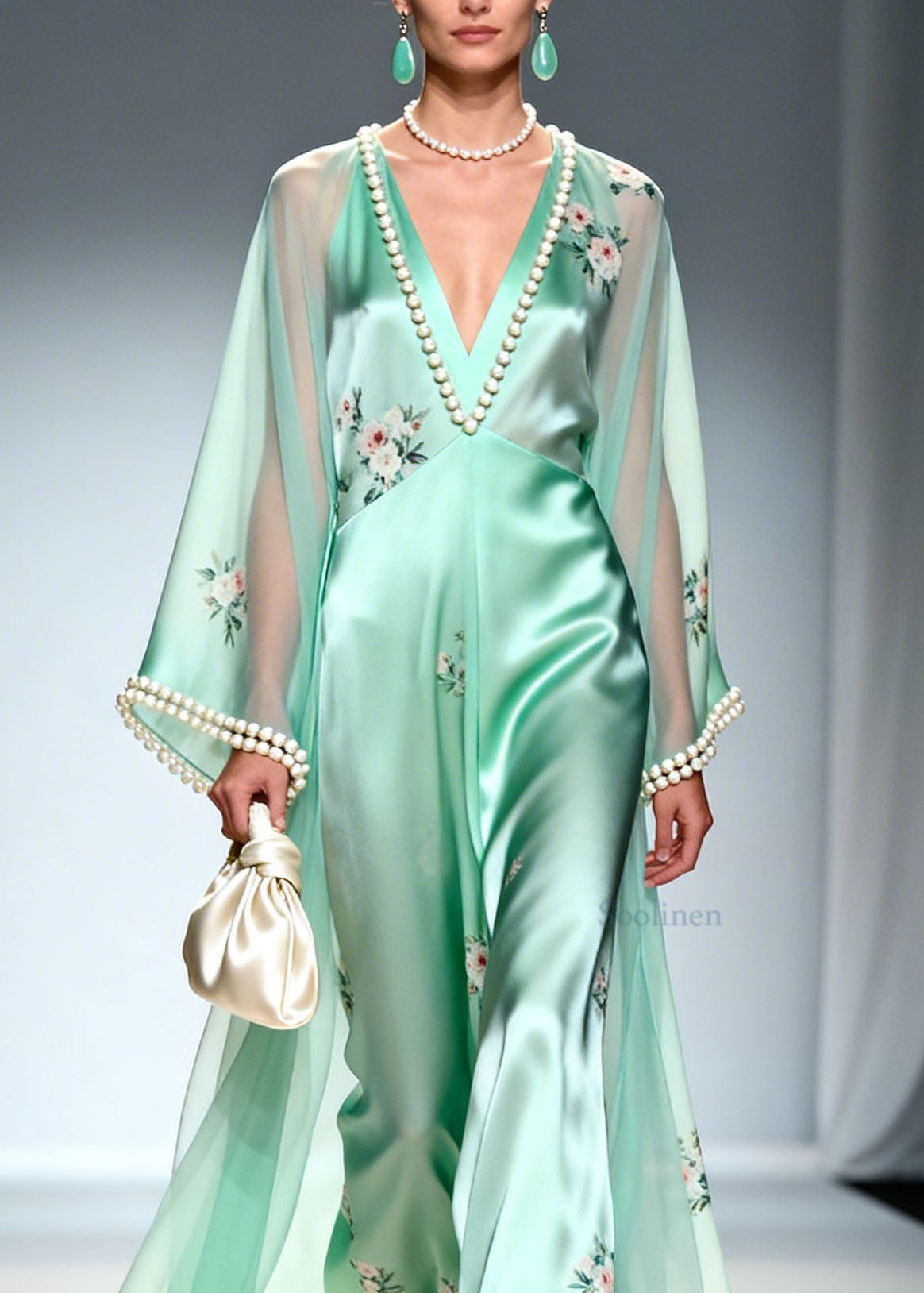 Art Light Green V Neck Print Nail Bead Silk Maxi Dress Summer
