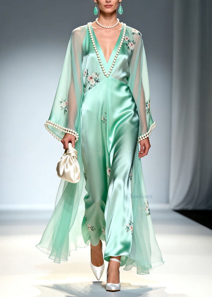 Art Light Green V Neck Print Nail Bead Silk Maxi Dress Summer