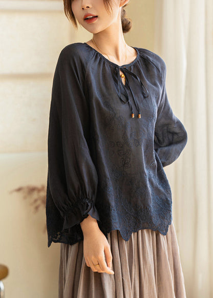 Art Light Purple Print Tie Lace Linen Top Lantern Sleeve