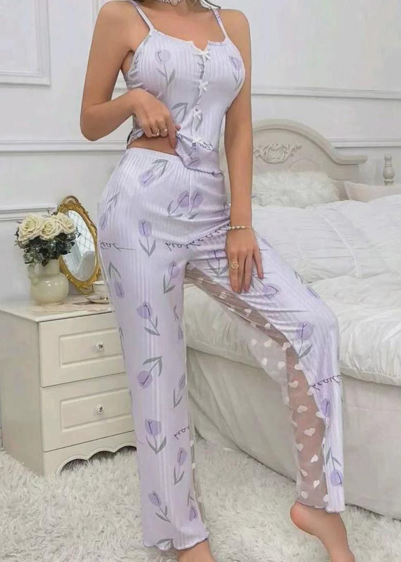 Art Light Purple Print Tulle Patchwork Vest and Trousers Two-piece Set Sleeveless