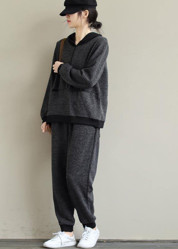 Art Loose Gray Color Matching Hooded Sweater And Elastic Pants Casual Suit