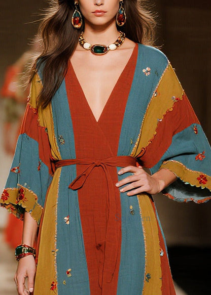 Art Multicolored Flower Tie Waist Striped Cotton Dresses Summer