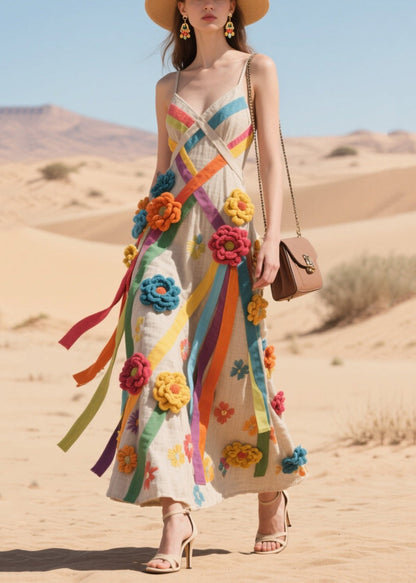 Art Multicolour Decorated Ribbon Cotton Sundress Summer