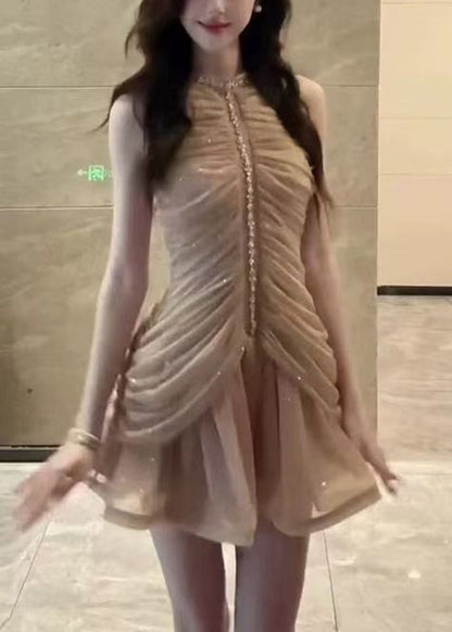 Art Naked Color Zippered Zircon Wrinkled Chiffon Dress Sleeveless