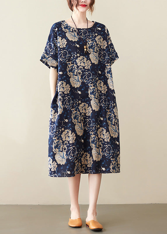 Art Navy Blue O-neck Print Maxi Dress Short Sleeve
