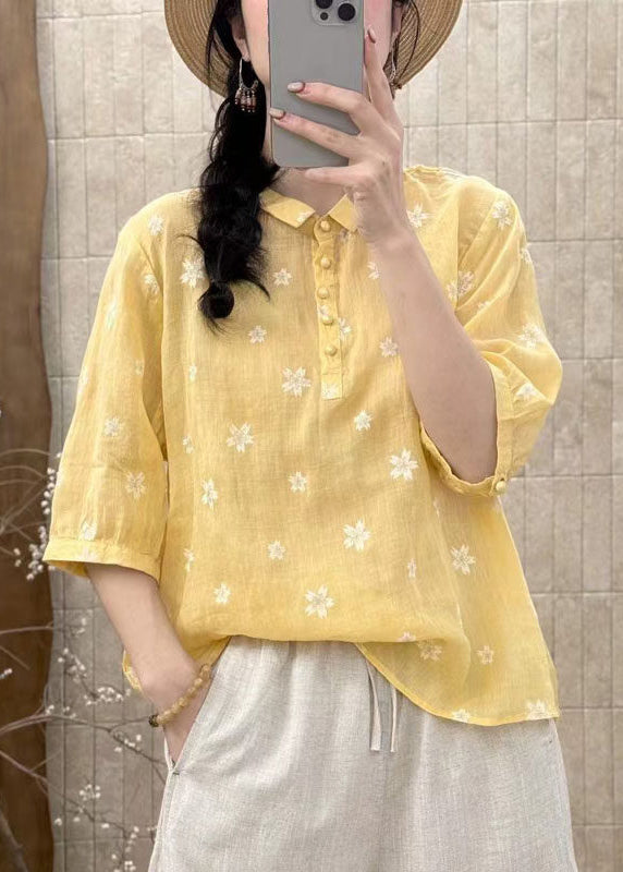 Art Navy Flower Embroidered Linen Pants Half Sleeve